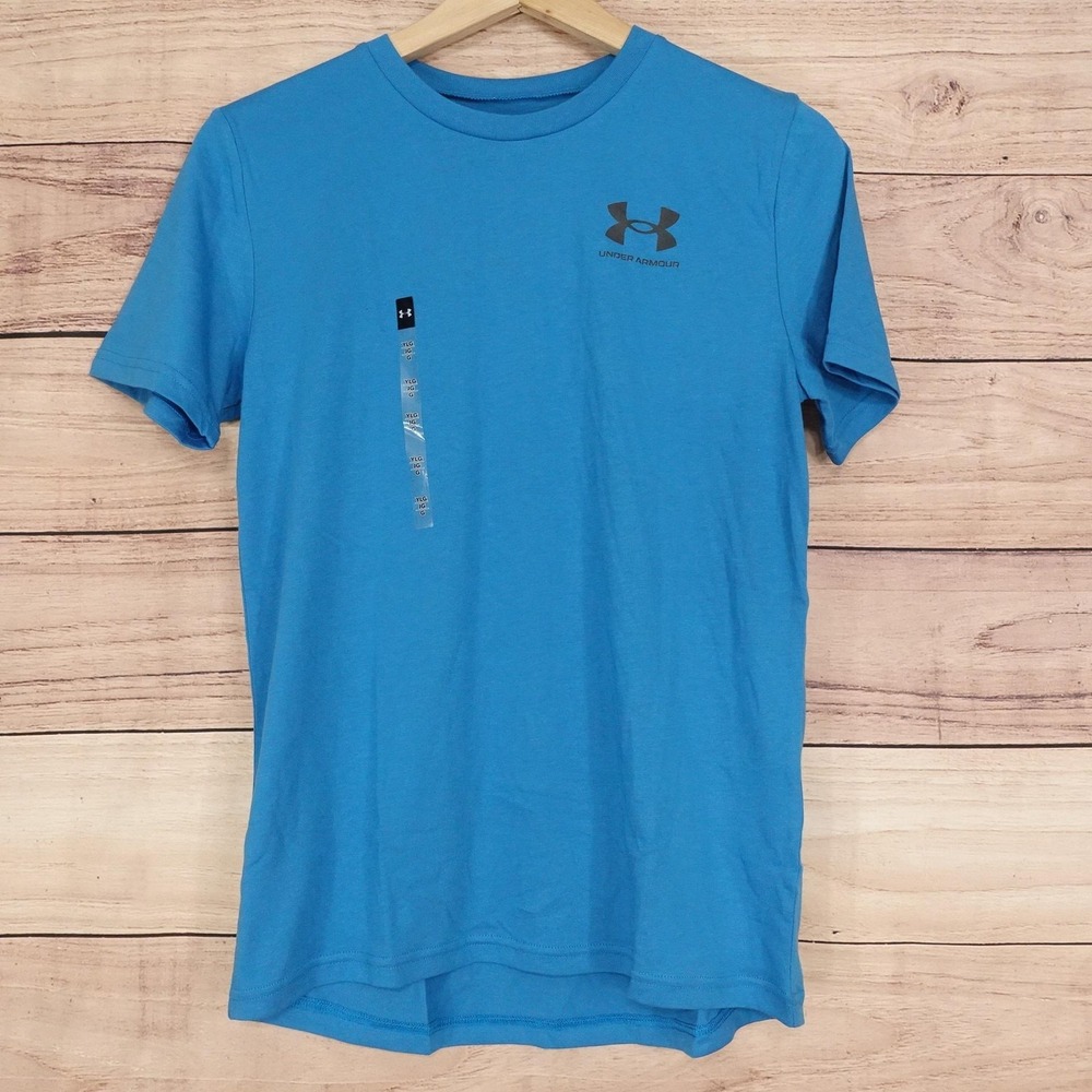 New! Under Armour T-Shirt Boys L 14-16 YLG Blue Loose Fit Short Sleeve Logo Top